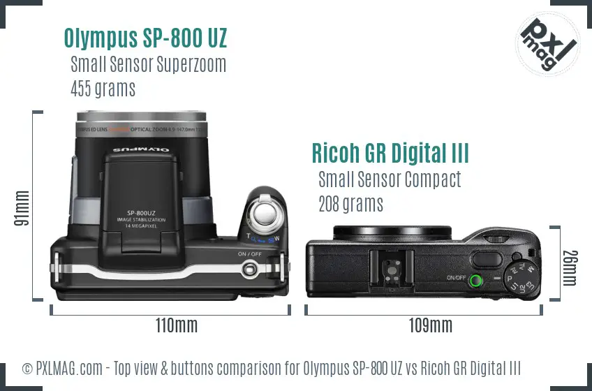 Olympus SP-800 UZ vs Ricoh GR Digital III top view buttons comparison Olympus SP-800 UZ vs Ricoh GR Digital III top view buttons comparison