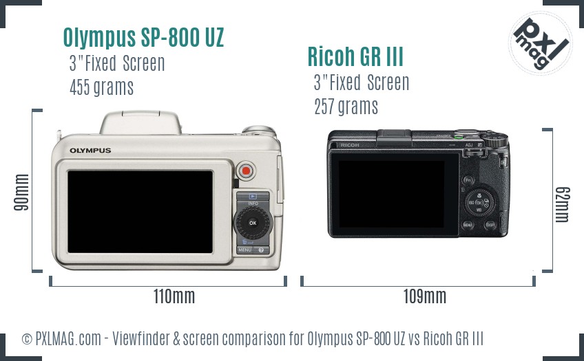 Olympus SP-800 UZ vs Ricoh GR III Screen and Viewfinder comparison