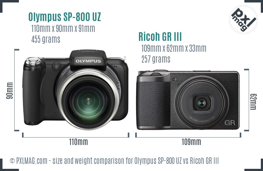 Olympus SP-800 UZ vs Ricoh GR III size comparison Olympus SP-800 UZ vs Ricoh GR III size comparison
