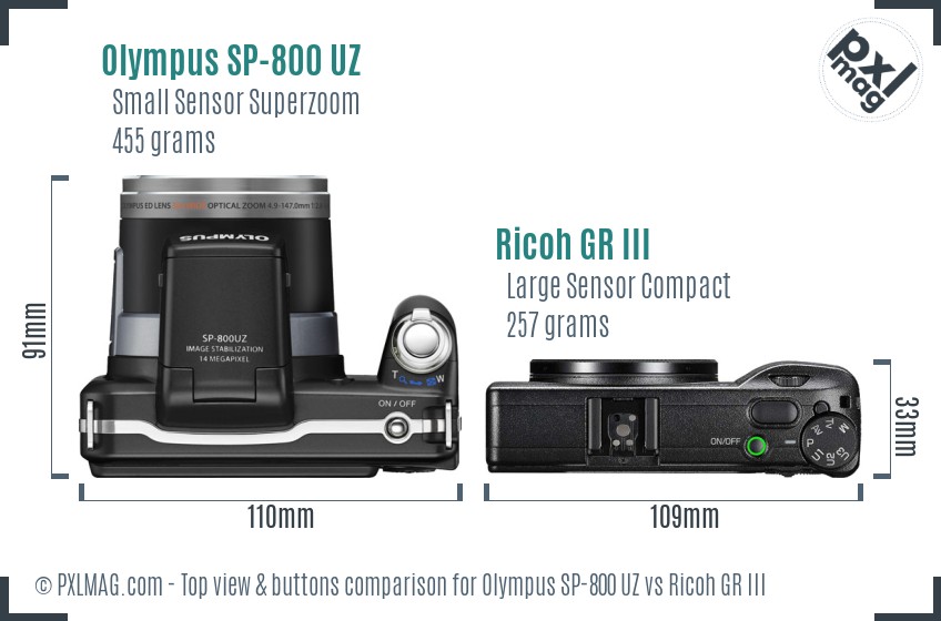 Olympus SP-800 UZ vs Ricoh GR III top view buttons comparison