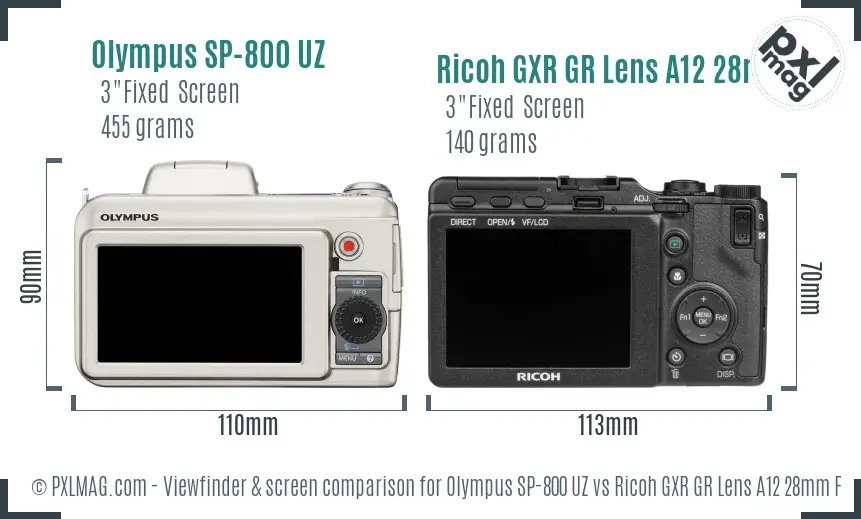 Olympus SP-800 UZ vs Ricoh GXR GR Lens A12 28mm F2.5 Screen and Viewfinder comparison