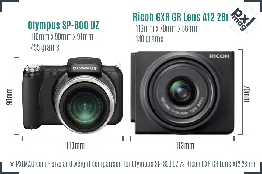 Olympus SP-800 UZ vs Ricoh GXR GR Lens A12 28mm F2.5 size comparison