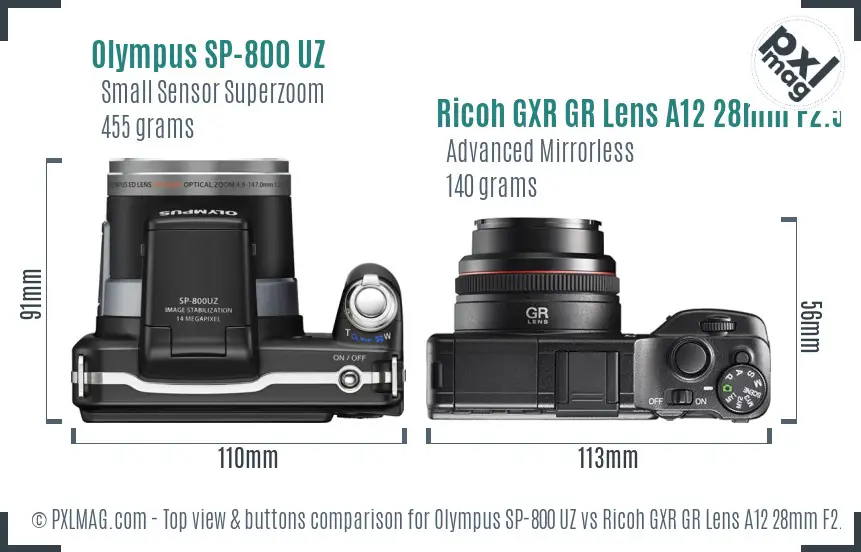 Olympus SP-800 UZ vs Ricoh GXR GR Lens A12 28mm F2.5 top view buttons comparison