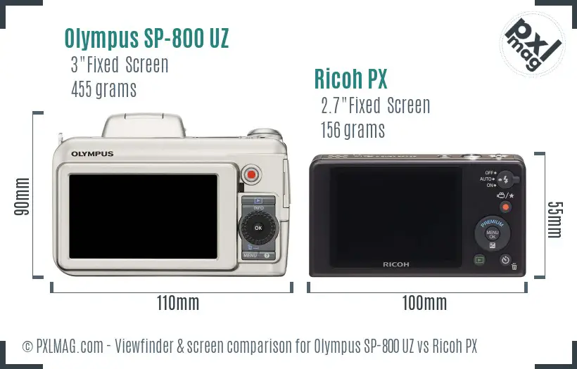 Olympus SP-800 UZ vs Ricoh PX Screen and Viewfinder comparison