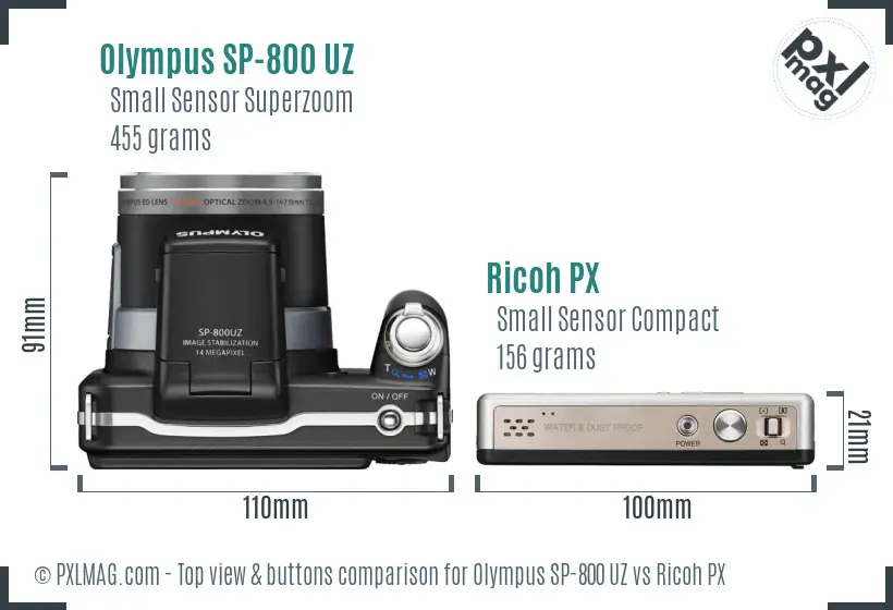 Olympus SP-800 UZ vs Ricoh PX top view buttons comparison