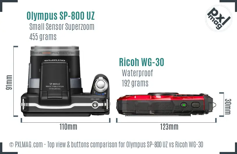 Olympus SP-800 UZ vs Ricoh WG-30 top view buttons comparison
