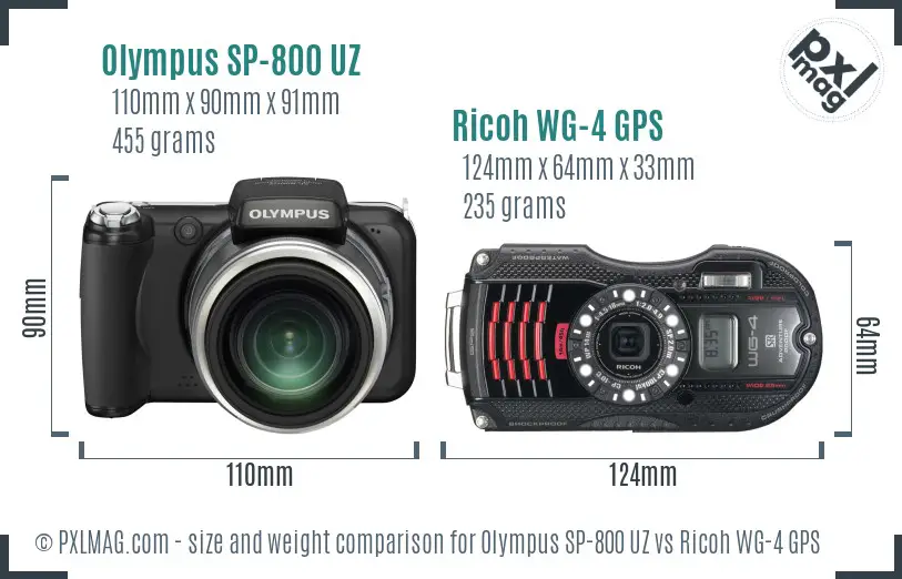 Olympus SP-800 UZ vs Ricoh WG-4 GPS size comparison Olympus SP-800 UZ vs Ricoh WG-4 GPS size comparison