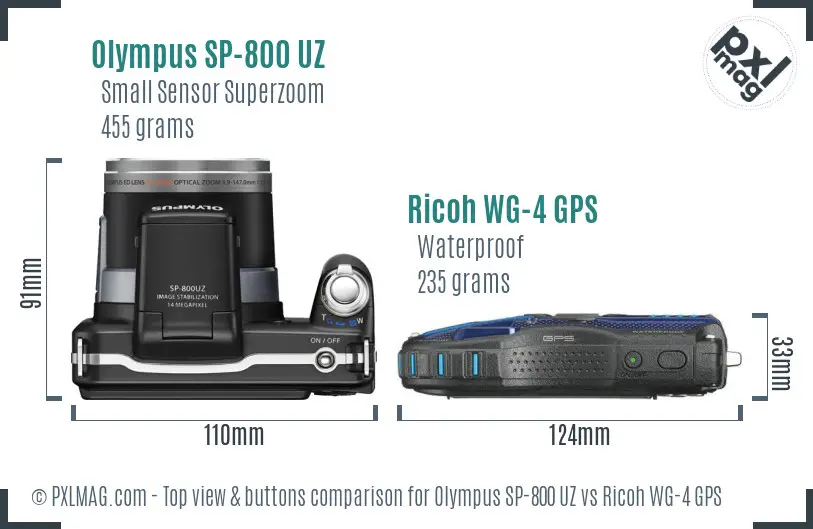 Olympus SP-800 UZ vs Ricoh WG-4 GPS top view buttons comparison Olympus SP-800 UZ vs Ricoh WG-4 GPS top view buttons comparison