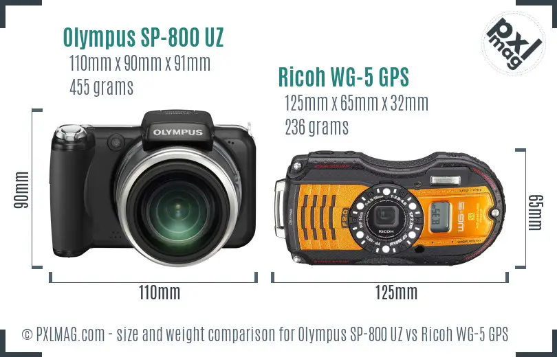 Olympus SP-800 UZ vs Ricoh WG-5 GPS size comparison Olympus SP-800 UZ vs Ricoh WG-5 GPS size comparison
