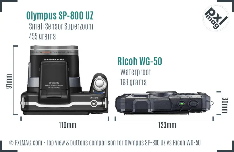 Olympus SP-800 UZ vs Ricoh WG-50 top view buttons comparison