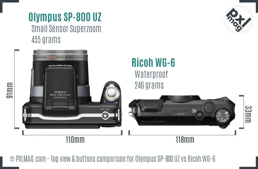 Olympus SP-800 UZ vs Ricoh WG-6 top view buttons comparison Olympus SP-800 UZ vs Ricoh WG-6 top view buttons comparison