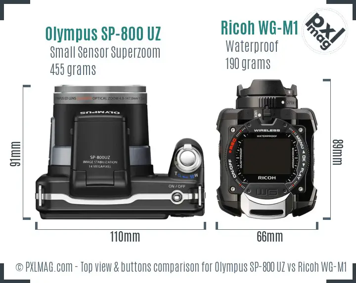 Olympus SP-800 UZ vs Ricoh WG-M1 top view buttons comparison