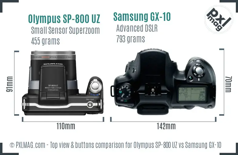 Olympus SP-800 UZ vs Samsung GX-10 top view buttons comparison Olympus SP-800 UZ vs Samsung GX-10 top view buttons comparison