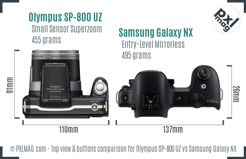 Olympus SP-800 UZ vs Samsung Galaxy NX top view buttons comparison