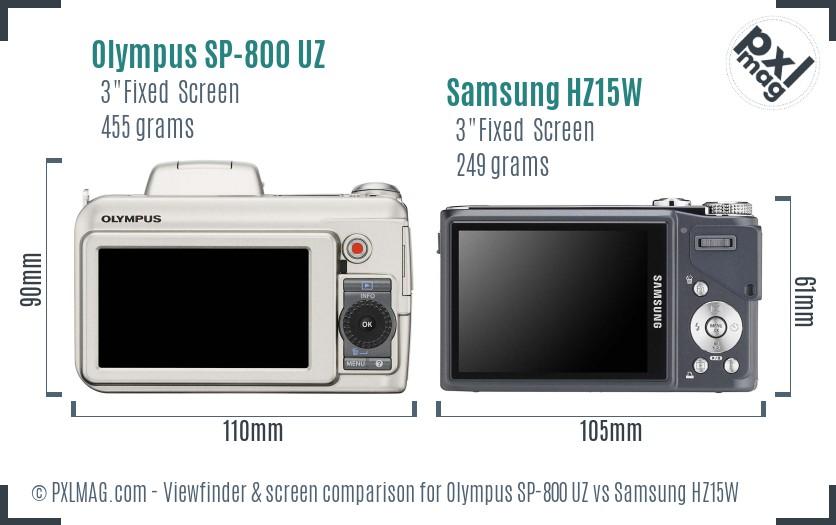 Olympus SP-800 UZ vs Samsung HZ15W Screen and Viewfinder comparison