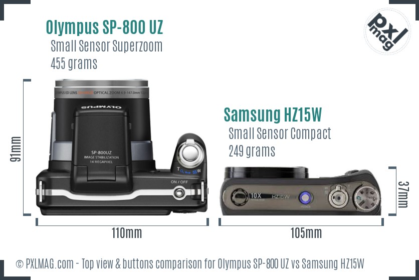 Olympus SP-800 UZ vs Samsung HZ15W top view buttons comparison