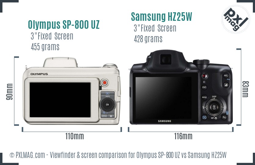 Olympus SP-800 UZ vs Samsung HZ25W Screen and Viewfinder comparison