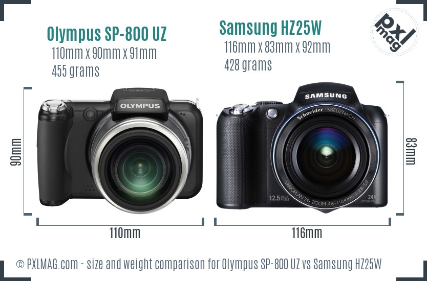 Olympus SP-800 UZ vs Samsung HZ25W size comparison Olympus SP-800 UZ vs Samsung HZ25W size comparison