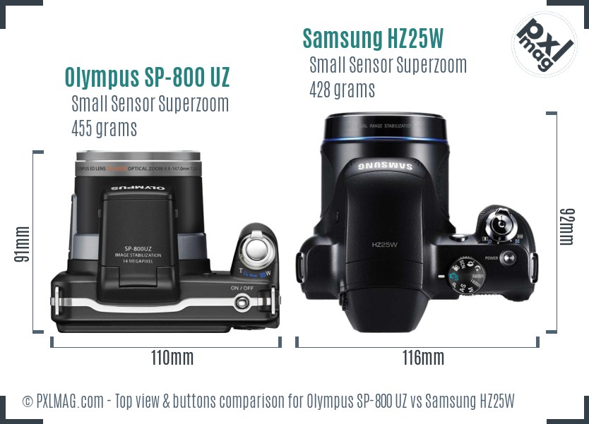 Olympus SP-800 UZ vs Samsung HZ25W top view buttons comparison