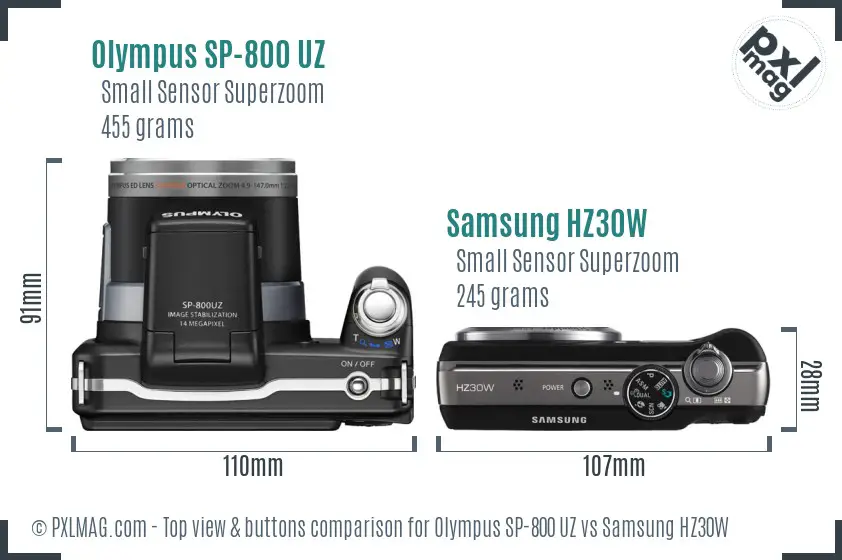 Olympus SP-800 UZ vs Samsung HZ30W top view buttons comparison Olympus SP-800 UZ vs Samsung HZ30W top view buttons comparison