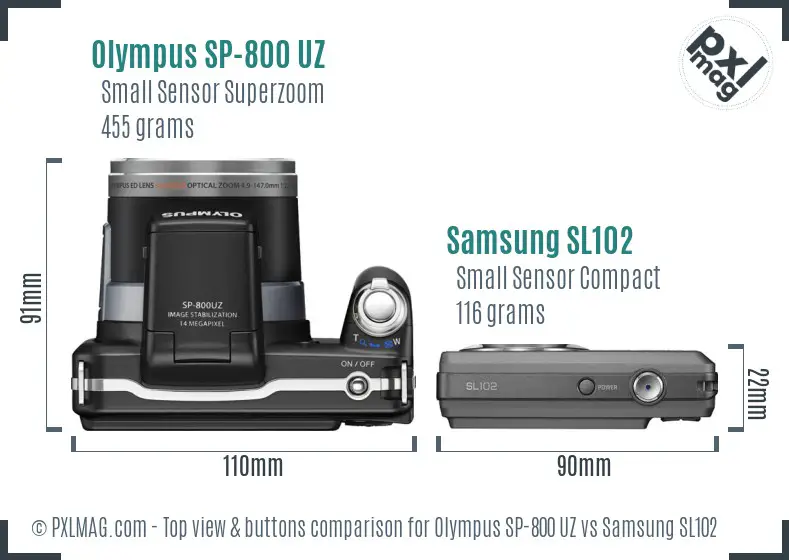 Olympus SP-800 UZ vs Samsung SL102 top view buttons comparison Olympus SP-800 UZ vs Samsung SL102 top view buttons comparison