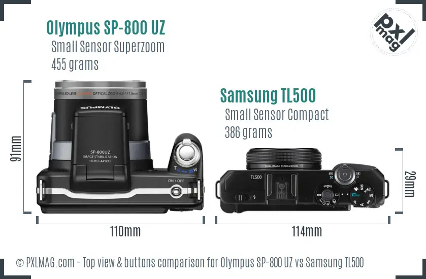 Olympus SP-800 UZ vs Samsung TL500 top view buttons comparison