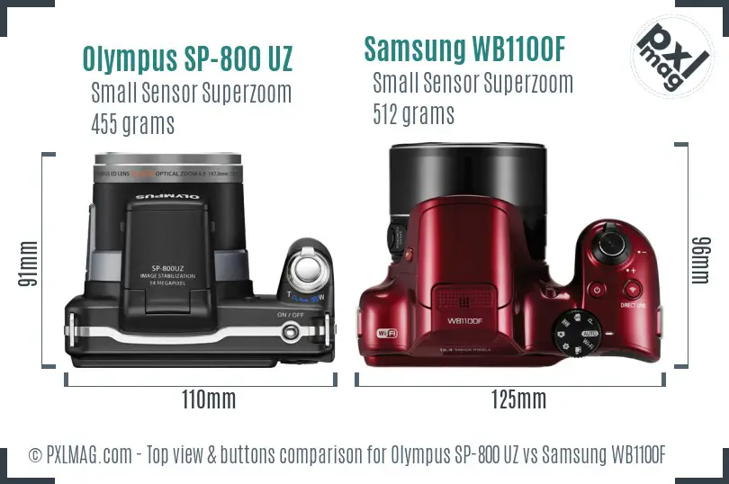 Olympus SP-800 UZ vs Samsung WB1100F top view buttons comparison Olympus SP-800 UZ vs Samsung WB1100F top view buttons comparison