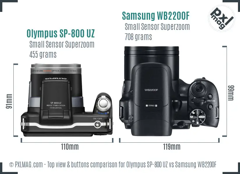 Olympus SP-800 UZ vs Samsung WB2200F top view buttons comparison Olympus SP-800 UZ vs Samsung WB2200F top view buttons comparison
