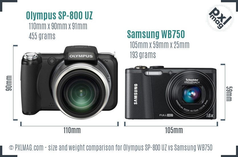 Olympus SP-800 UZ vs Samsung WB750 size comparison