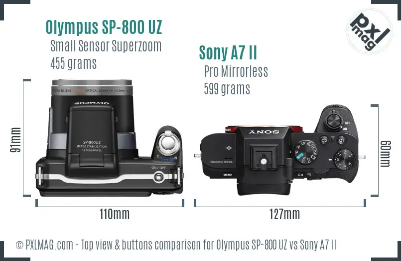 Olympus SP-800 UZ vs Sony A7 II top view buttons comparison