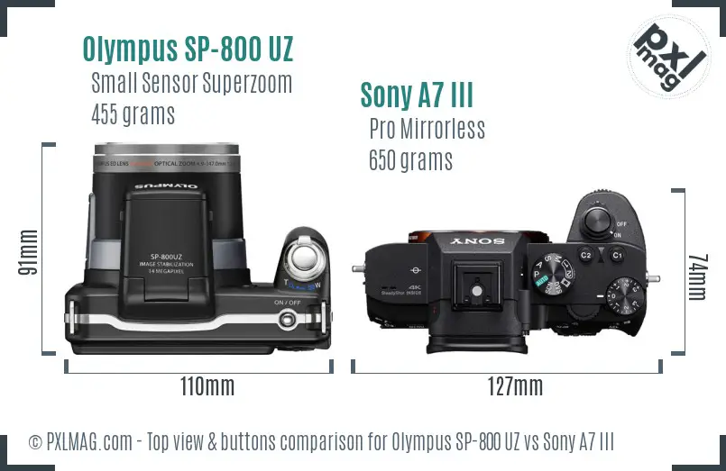 Olympus SP-800 UZ vs Sony A7 III top view buttons comparison