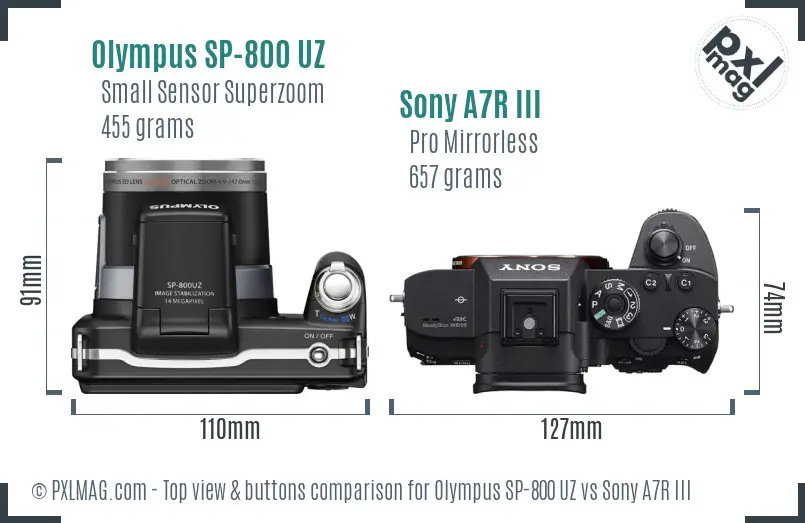 Olympus SP-800 UZ vs Sony A7R III top view buttons comparison