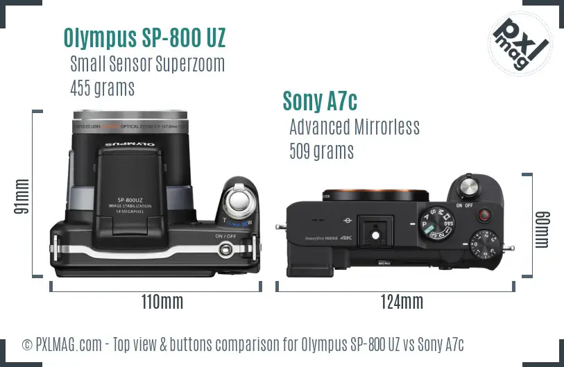 Olympus SP-800 UZ vs Sony A7c top view buttons comparison