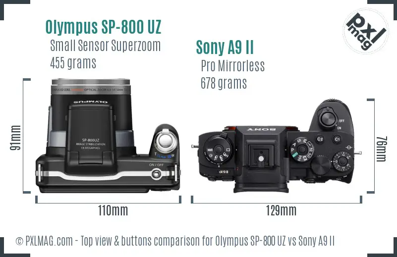 Olympus SP-800 UZ vs Sony A9 II top view buttons comparison
