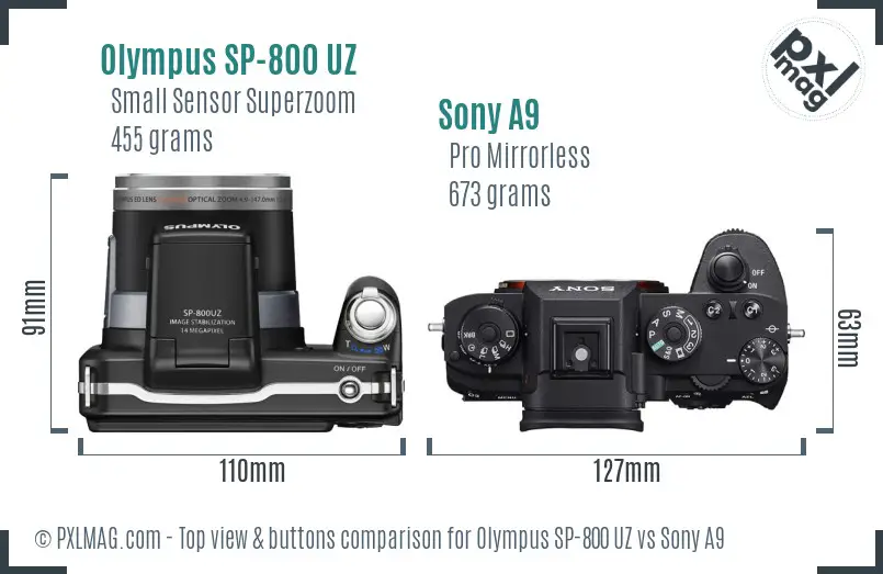 Olympus SP-800 UZ vs Sony A9 top view buttons comparison