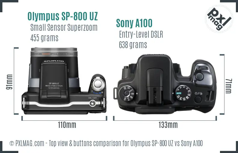 Olympus SP-800 UZ vs Sony A100 top view buttons comparison