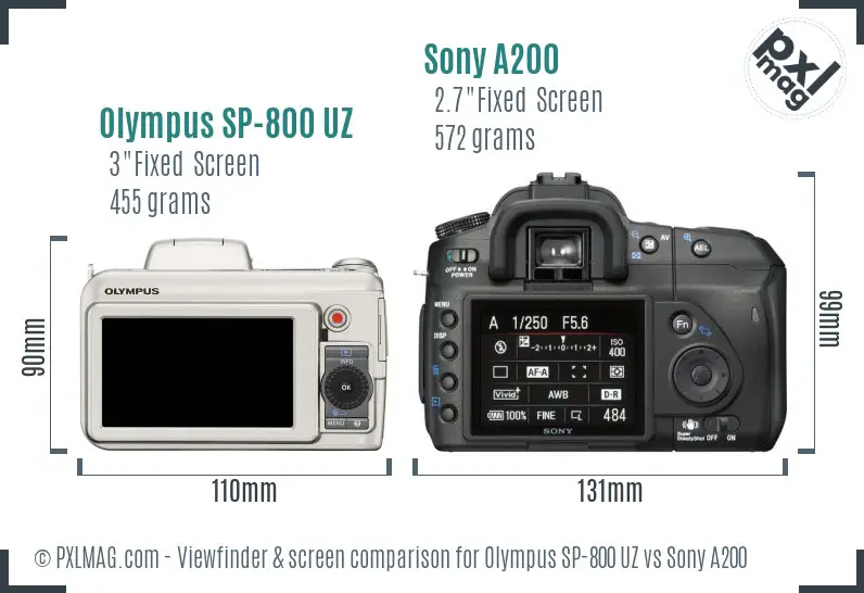 Olympus SP-800 UZ vs Sony A200 Screen and Viewfinder comparison