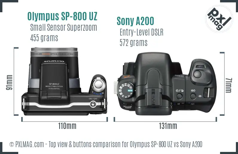 Olympus SP-800 UZ vs Sony A200 top view buttons comparison