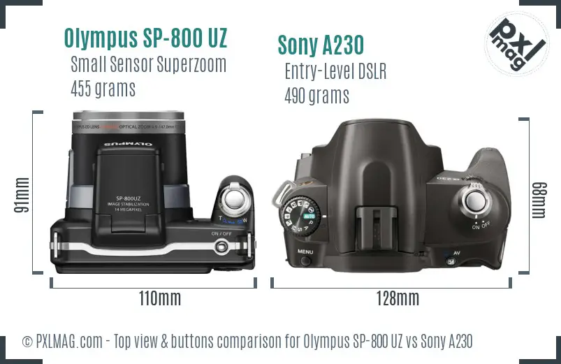 Olympus SP-800 UZ vs Sony A230 top view buttons comparison