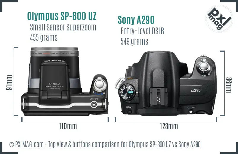 Olympus SP-800 UZ vs Sony A290 top view buttons comparison