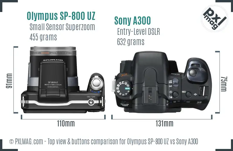 Olympus SP-800 UZ vs Sony A300 top view buttons comparison