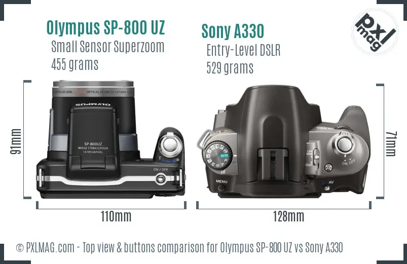 Olympus SP-800 UZ vs Sony A330 top view buttons comparison