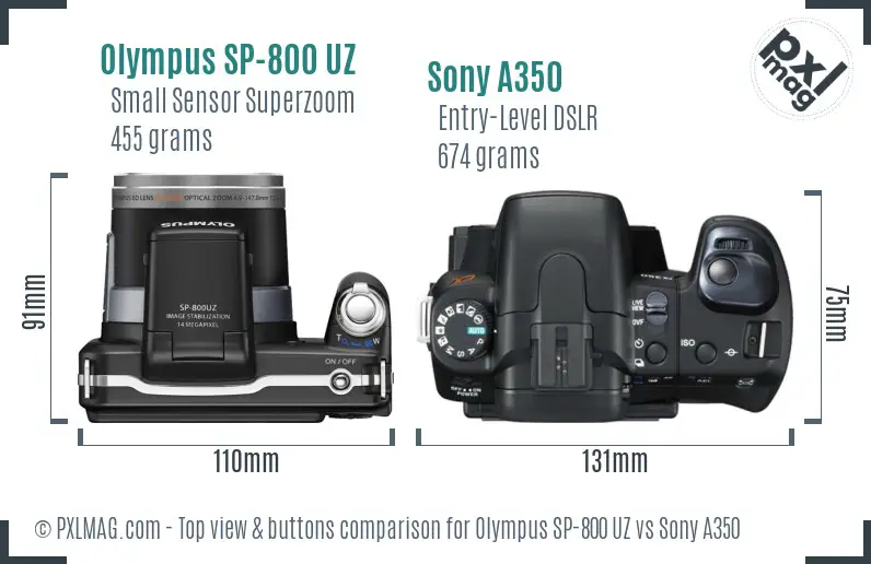 Olympus SP-800 UZ vs Sony A350 top view buttons comparison