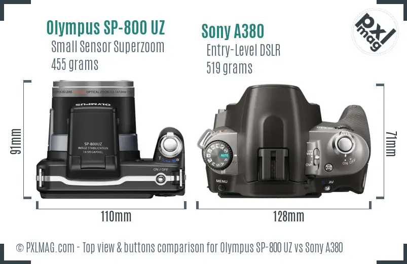 Olympus SP-800 UZ vs Sony A380 top view buttons comparison