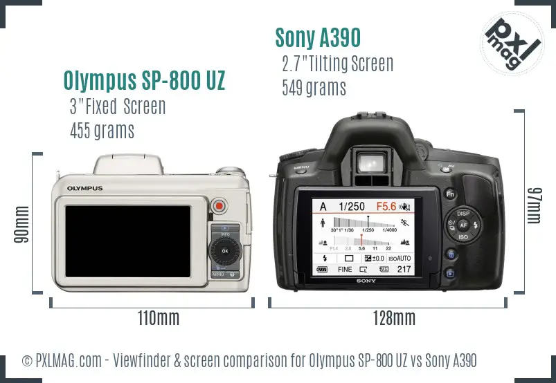 Olympus SP-800 UZ vs Sony A390 Screen and Viewfinder comparison