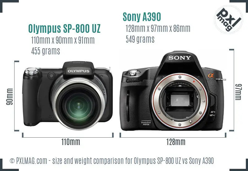 Olympus SP-800 UZ vs Sony A390 size comparison