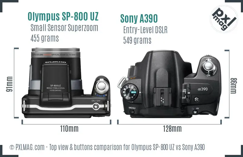 Olympus SP-800 UZ vs Sony A390 top view buttons comparison