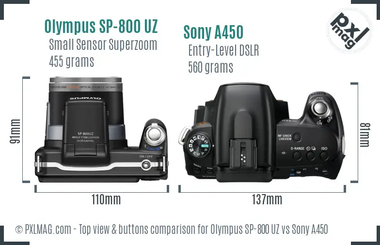 Olympus SP-800 UZ vs Sony A450 top view buttons comparison