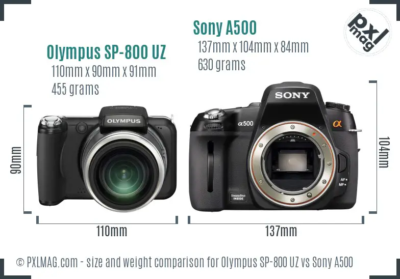 Olympus SP-800 UZ vs Sony A500 size comparison