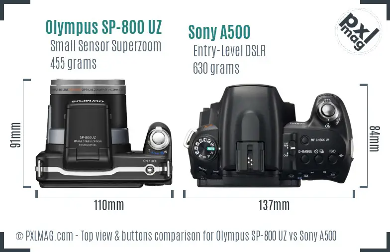 Olympus SP-800 UZ vs Sony A500 top view buttons comparison